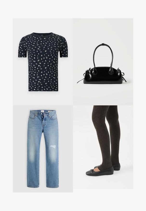 T-shirt bleu marine à manches courtes avec un petit motif floral blanc et un col rond sur un fond uni.; Jean en denim bleu clair avec une coupe décontractée, présentant un patch déchiré sur la cuisse droite, cinq poches et une fermeture à bouton en métal.; Jambes portant des leggings côtelés foncés associés à des ballerines noires avec de petits détails en nœud sur fond blanc.; Petit sac à main noir brillant avec deux longues anses et des détails à cordon sur les côtés sur un fond clair uni.