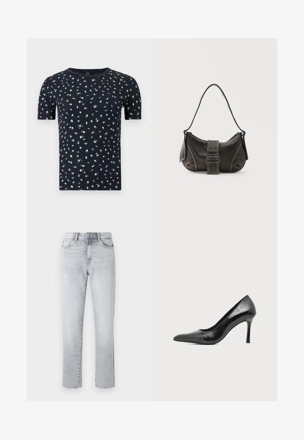T-shirt bleu marine à manches courtes avec un petit motif floral blanc et un col rond sur un fond uni.; Jean droit gris clair avec fermeture à bouton, poches avant et passants pour ceinture, présenté sur un fond blanc uni.; Chaussure à talon haut pour femme en cuir verni noir avec bout pointu et talon fin sur fond clair uni.; Sac à épaule en cuir noir avec une sangle à boucle, des bords arrondis et des coutures blanches contrastées sur un fond uni.