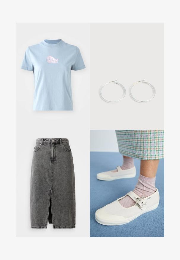 Lichtblauw katoenen T-shirt met korte mouwen en een hoge hals, met een klein roze geborduurd schelpdierontwerp aan de voorkant.; Hoge taille, vervaagde zwarte denim midi-jurk met een split aan de voorkant, riemlussen en een klassieke vijf-pocket ontwerp.; Witte canvas schoenen met een suède bovenkant, een band over de wreef en een stervormige zilveren accent. Gecombineerd met lichtroze geribde sokken.; Een paar glanzende zilveren oorringen met dunne draadafsluitingen, getoond op een lichtgrijze achtergrond.