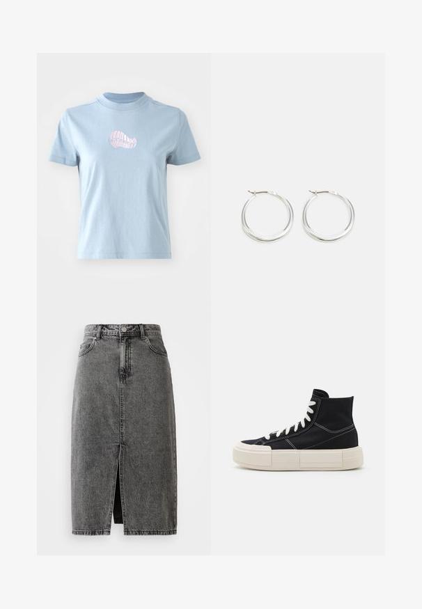 Lichtblauw katoenen T-shirt met korte mouwen en een hoge hals, met een klein roze geborduurd schelpdierontwerp aan de voorkant.; Hoge taille, vervaagde zwarte denim midi-jurk met een split aan de voorkant, riemlussen en een klassieke vijf-pocket ontwerp.; Zwarte canvas high-top sneaker met witte veters, dikke creamkleurige zool, contrasterende stiksels en een afgerond teenontwerp.; Zilveren hoop oorbellen hebben een glad, rond ontwerp met een dun profiel en een veilige sluiting. Minimalistische stijl met een gepolijste afwerking.
