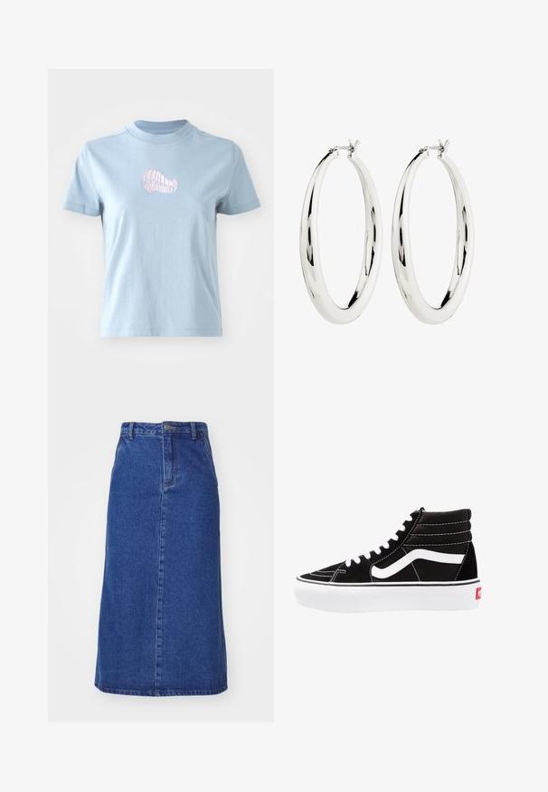 Helles blaues Baumwoll-T-Shirt mit kurzen Ärmeln und hohem Ausschnitt, das auf der Vorderseite ein kleines pinkes besticktes Muschel-Design zeigt.; Dunkelblauem Denim-Rock mit tailliertem Bund, gerader Silhouette und vorderen Nähten, mit einem Saum, der unter dem Knie endet.; Schwarze High-Top-Sneaker mit weißen Schnürsenkeln, einem weißen Logo und kontrastierendem weißen Nähten. Verfügt über eine dicke weiße Sohle und ein strukturiertes Wildleder-Obermaterial.; Silberne Creolen mit einer glatten, reflektierenden Oberfläche. Runde, große Form mit einem sicheren Verschluss an der Oberseite. Polierte Oberfläche betont den Glanz.