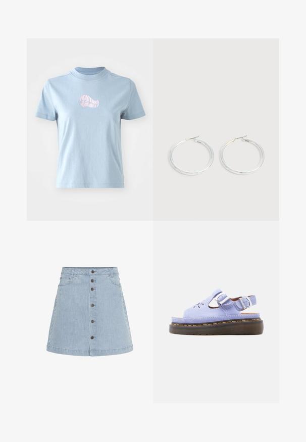 Lichtblauw katoenen T-shirt met korte mouwen en een hoge hals, met een klein roze geborduurd schelpdierontwerp aan de voorkant.; Denim rok in lichtblauw met witte strepen. Voorzien van een knoopsluiting aan de voorkant, twee zijzakken en een zwierige zoom.; Lichtpaarse suède plateau sandaal met dubbele gespbanden, bloemenuitgesneden ontwerp en dikke zwarte zool met gele stiksels.; Een paar glanzende zilveren oorringen met dunne draadafsluitingen, getoond op een lichtgrijze achtergrond.