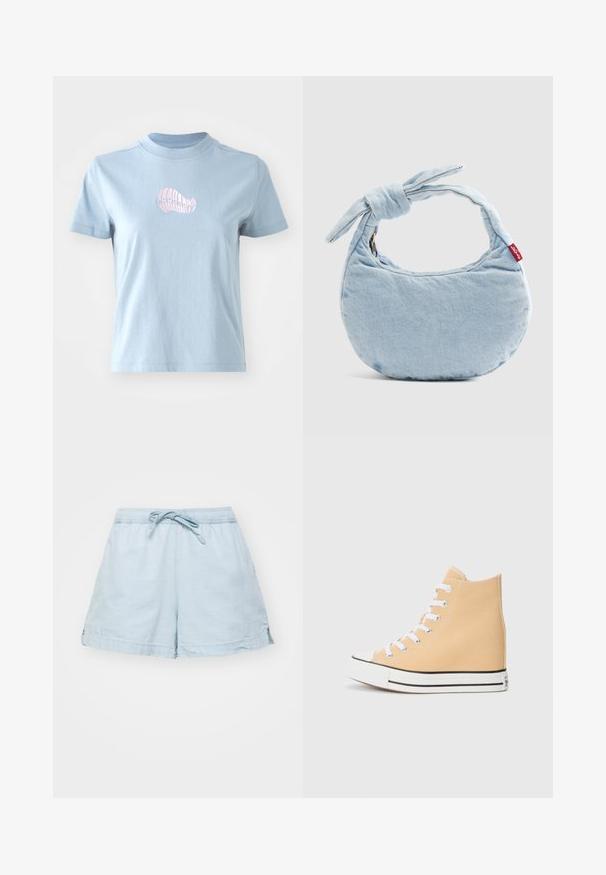 Lyseblå bomulds T-shirt med korte ærmer og høj halsudskæring, prydet med et lille pink broderet skaldesign på forsiden.; Lysblå, letvægts shorts med elastisk talje og snøre. Har sidelommer og en afslappet pasform, lavet af blødt stof.; Høj-tophæl sneakers i lys ferskenfarvet kanvas, hvide snørebånd, sort gummisål og klassisk tåhætte. Har syede detaljer og ribbet krave.; Lyseblå denim skuldertaske med knudedetalje på håndtaget og en lille rød Levi's-mærkat på siden.