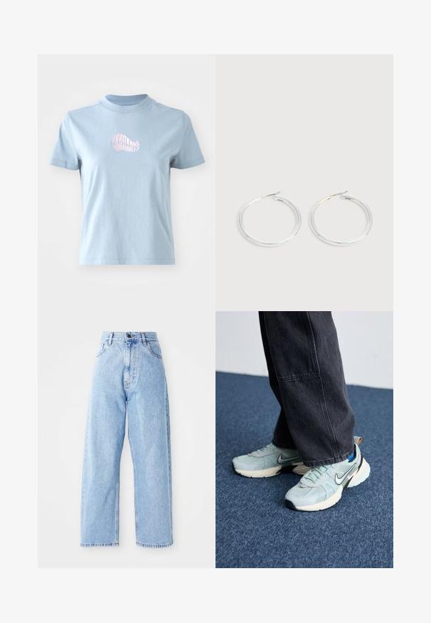 Lyseblå bomulds T-shirt med korte ærmer og høj halsudskæring, prydet med et lille pink broderet skaldesign på forsiden.; Højhalset lysblå denimjeans med lige vide ben, frontknap, lynlås lukning samt front- og baglommer.; Lyseblå mesh Nike sneakers med struktureret finish, sort swoosh og cremefarvet mellemsål, parret med mørkegrå vide bukser.; Par skinnende sølvøreringe med tynde trådlåse, vist på en lys grå baggrund.