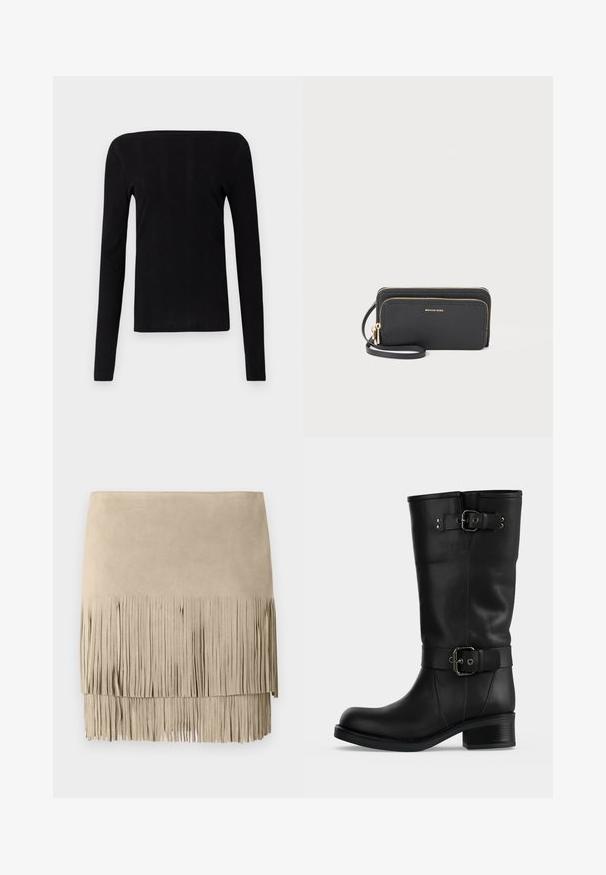 Haut noir à manches longues avec un décolleté droit et une texture côtelée, présentant une silhouette ajustée et sans hardware ni accents visibles.; Jupe mini en daim beige avec un ourlet à franges. Texture lisse avec des longueurs de franges uniformes sur le bord inférieur. Design classique.; Botte haute en cuir noir avec deux sangles à boucle réglables et un talon bloc bas sur fond uni.; Portefeuille zippé en cuir noir avec une finition texturée, accents en métal doré et une sangle de poignet détachable. Comprend deux compartiments et des détails cousus.