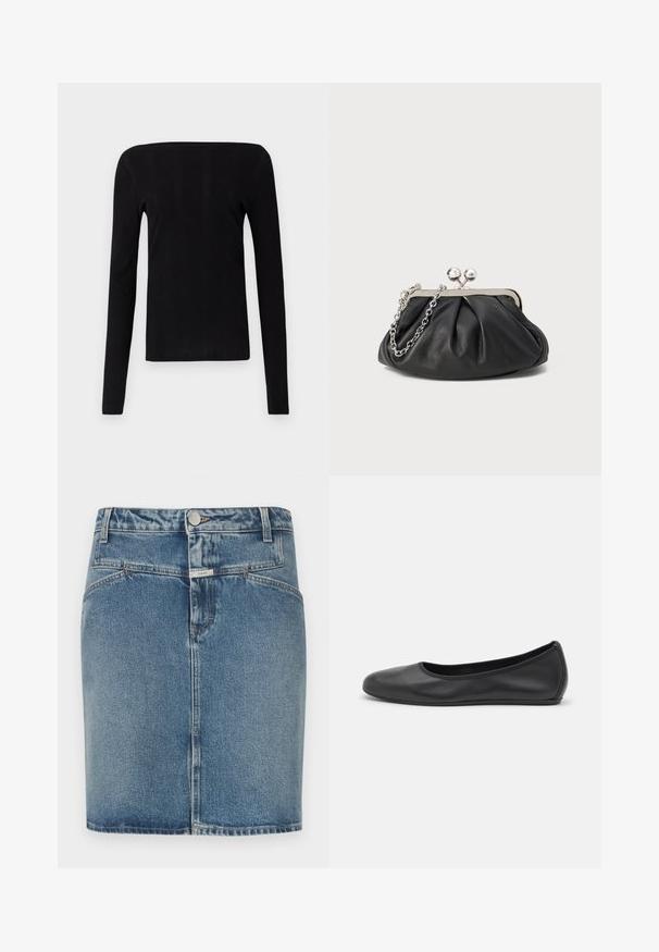 Haut noir à manches longues avec un décolleté droit et une texture côtelée, présentant une silhouette ajustée et sans hardware ni accents visibles.; Jupe en denim bleu clair, avec une coupe ajustée, un style cinq poches, une fermeture à boutons sur le devant et des détails de coutures visibles.; Ballerines en cuir noir avec un bout rond, texture lisse, détails de couture minimalistes et design de semelle flexible.; Porte-monnaie en cuir noir avec texture froncée, cadre en métal argenté, fermeture à verrouillage kiss-lock et bandoulière en chaîne. Surface lisse et douce.
