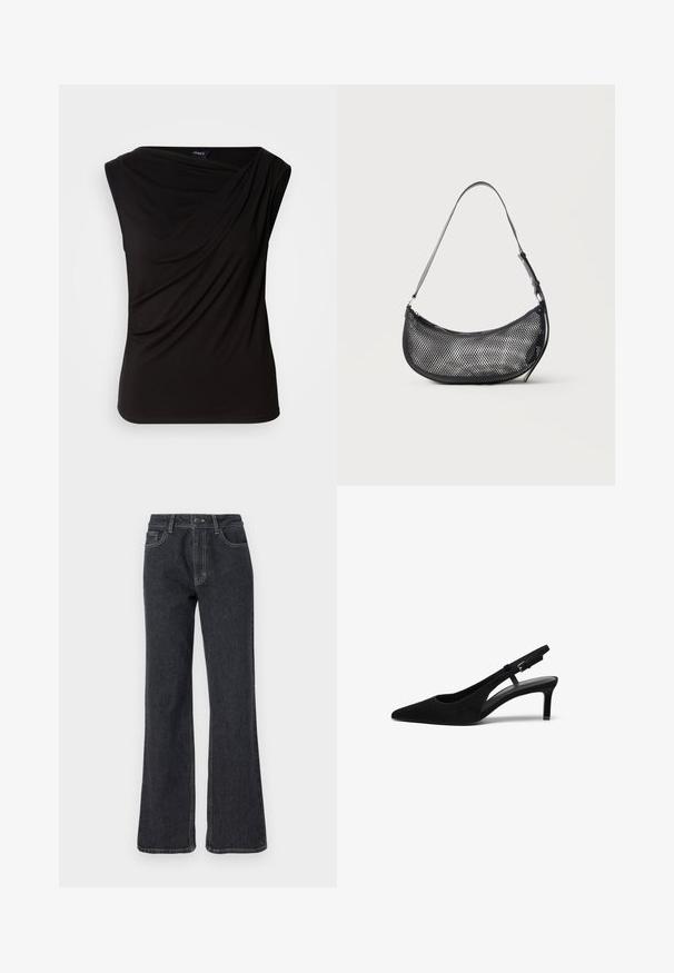 Top negro sin mangas con tela drapeada en el frente, textura suave y corte relajado. Fabricado con material elástico y acabado suave.; Jeans de mezclilla oscura acampanados con cintura alta, con costuras doradas, cinco bolsillos y cierre de botón. Textura suave, diseño de pierna recta.; Zapato slingback de ante negro con punta afilada, tacón bajo, lado abierto y correa ajustable con hebilla de metal. Textura suave.; Pequeño bolso de hombro negro de malla con forma de media luna y correa fina ajustable, sobre un fondo claro y liso.