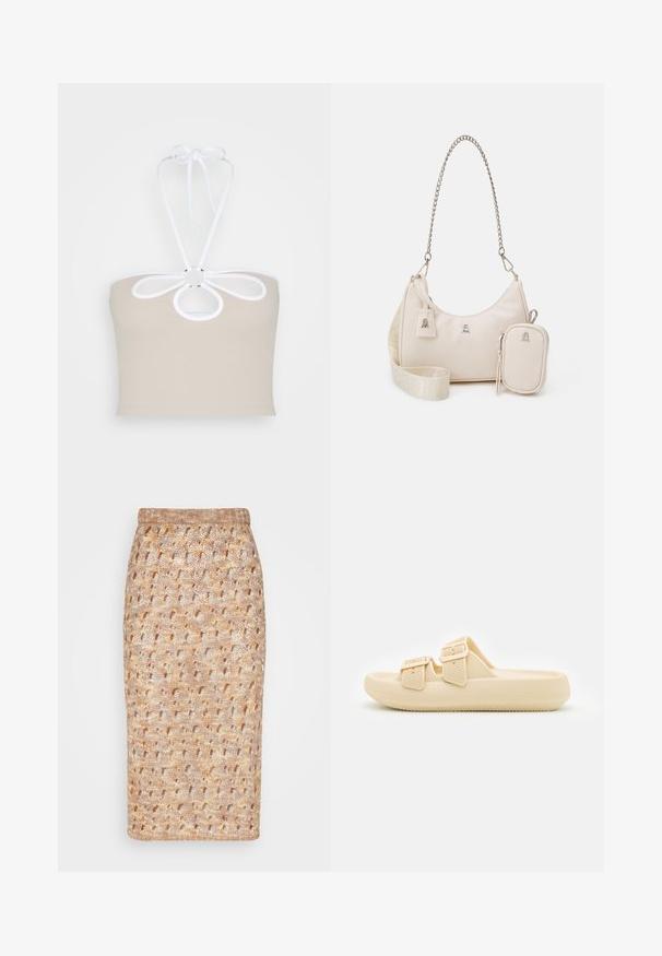 Even&Odd by Zalando Top - taupe; The Ragged Priest RUINS SKIRT - Pencil skirt - multi; Beige slip-on sandal med tekstureret overdel, justerbare spænder og en tyk, polstret sål. Letvægtsdesign velegnet til afslappet brug.; Beige lædertaske med en buet form, kædestrop, sølvfarvet hardware og aftagelig lille pung. Tekstureret strop med logo mønster.