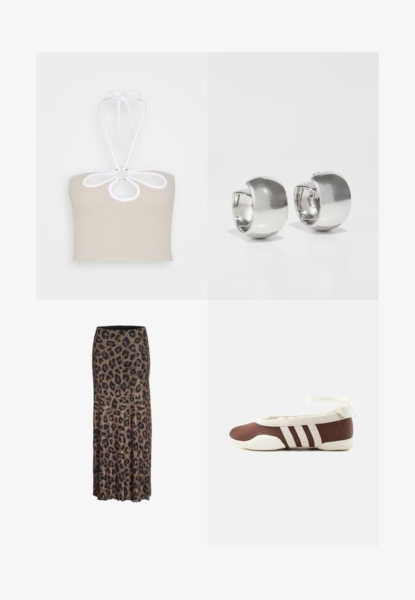 Even&Odd by Zalando Top - taupe; Sukňa s leopardím vzorom v hnedej a čiernej farbe, s ležérnym dizajnom a jemným volánikovým lemom, vyrobená z ľahkej a mäkkej látky.; Hnedá a biela baletná balerína s tromi bielymi pruhmi a mašľou na zviazanie okolo členku na jednoduchom svetlom pozadí.; Uncommon Matters SCULPTURAL LARGE CREOLE - Náušnice - silver-coloured