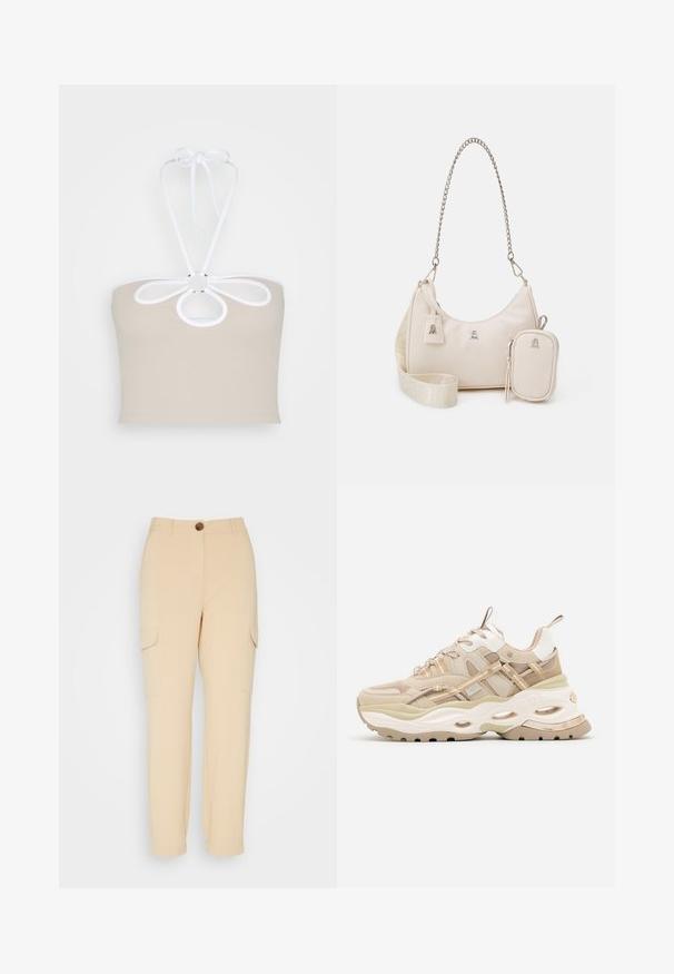 Even&Odd by Zalando Top - taupe; b.young DANTA PANTS - Cargobukser - safari; Beige og hvide chunky sneakers med tyk sål, mesh- og læderpaneler, ovale udskæringer i mellemsålen, trækstropper på tunge og hæl.; Beige lædertaske med en buet form, kædestrop, sølvfarvet hardware og aftagelig lille pung. Tekstureret strop med logo mønster.