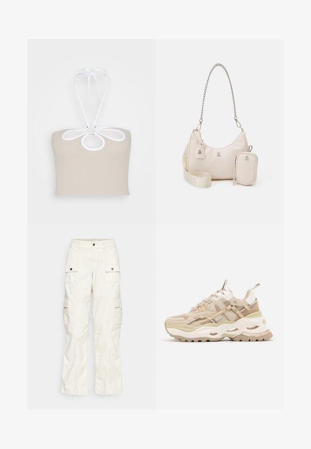 Even&Odd by Zalando Top - taupe; Cargo bukser i lys beige bomuld med to store sidelommer, knaplukning og en afslappet pasform med lige ben.; Beige og hvide chunky sneakers med tyk sål, mesh- og læderpaneler, ovale udskæringer i mellemsålen, trækstropper på tunge og hæl.; Beige lædertaske med en buet form, kædestrop, sølvfarvet hardware og aftagelig lille pung. Tekstureret strop med logo mønster.