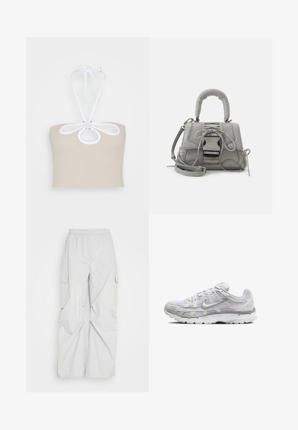 Even&Odd Top - taupe; Weekday NILA TRACKSUIT TROUSER - Trousers - grey dusty light; Light gray athletic shoes with a mesh and synthetic upper, featuring a lace closure, padded collar, and textured sole for grip.; Gray textured handbag featuring a padded handle, mesh accents, adjustable strap, and a front clasp. Compact design with a rounded shape.
