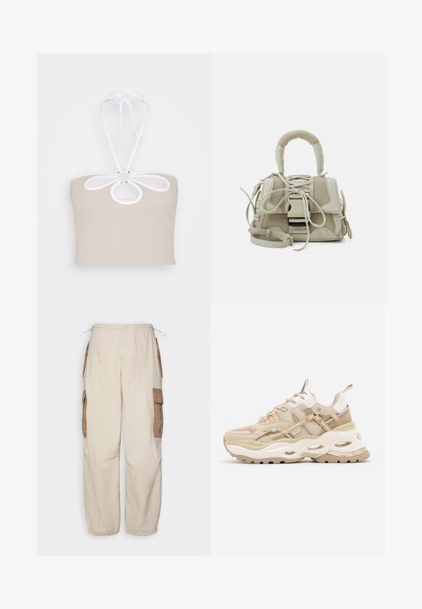Even&Odd by Zalando Débardeur - taupe; BDG Urban Outfitters CONTRAST - Pantalon cargo - beige; Baskets beige et blanches épaisses avec une semelle épaisse, des panneaux en maille et en cuir, des découpes ovales dans la semelle intermédiaire, des languettes sur la languette et le talon.; Sac à main beige avec un design en maille texturée, une forme structurée, une poignée supérieure et une sangle amovible ; présente des détails en laçage et des accents en métal.