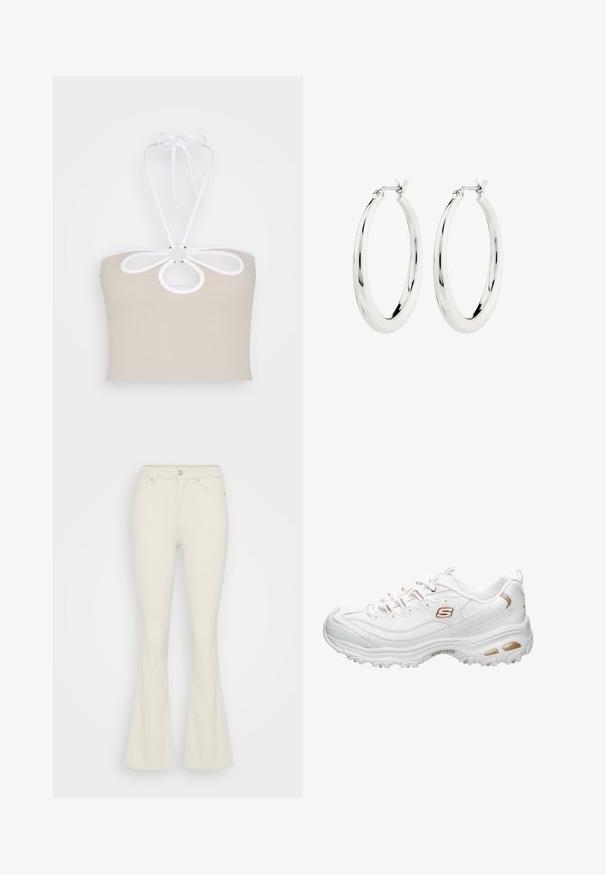 Even&Odd by Zalando Top - taupe; ONLY ONLWAUW - Zvonové džínsy - ecru; Biele športové tenisky vyrobené z hladkého syntetického materiálu. Obsahujú textúrované akcenty, kovový zlatý detail, šnurovací dizajn a polstrovanú podrážku.; Strieborné kruhové náušnice s hladkým, lesklým povrchom. Obľúbený tvar, vybavené bezpečným zapínaním. Jednoduchý a elegantný dizajn.