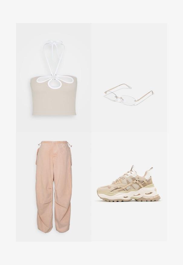 Even&Odd by Zalando Top - taupe; BDG Urban Outfitters BAGGY CARGO - Vaqueros boyfriend - acid pink; Zapatilla gruesa beige y blanca con suela gruesa, paneles de malla y cuero, recortes ovalados en la entresuela, lengüetas en la lengüeta y el talón.; Gafas de metal dorado con lentes ovalados, brazos delgados y almohadillas nasales transparentes. Presentan sutiles acentos en las bisagras y lentes transparentes.