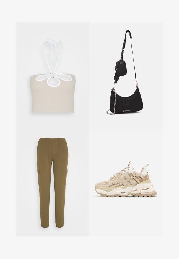 Even&Odd by Zalando Μπλούζα - taupe; JDY JDYMEKKO POCKET PANT - Παντελόνι cargo - kalamata; Μπεζ και λευκό chunky sneaker με χοντρή σόλα, πάνελ από δίχτυ και δέρμα, οβάλ ανοίγματα στη μεσαία σόλα, λουράκια τράβηγματος στη γλώσσα και τη φτέρνα.; Μαύρη νάιλον τσάντα ώμου με καμπύλο σχήμα, ασημένια αλυσίδα, αποσπώμενη μίνι θήκη και ρυθμιζόμενο λουράκι; φέρει το λογότυπο "Steve Madden".