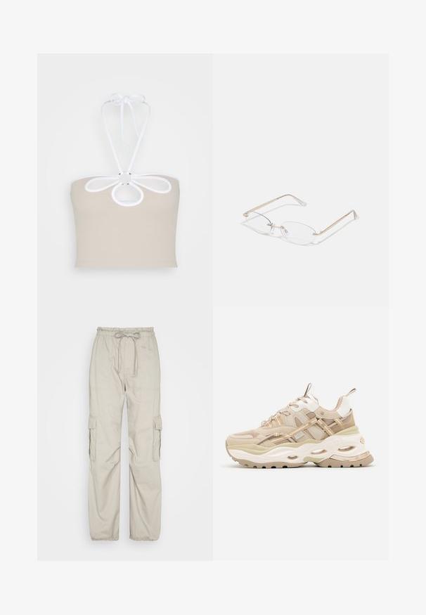 Even&Odd Top - taupe; Abercrombie & Fitch TIE WAIST BAGGY PANT - Cargobroek - porpoise; Beige en witte chunky sneaker met dikke zool, mesh- en leren panelen, ovale uitsparingen in de tussenzool, trekriemen op de tong en hiel.; Gouden metalen bril met ovale lenzen, slanke armen en transparante neus pads. Heeft subtiele scharnieraccenten en transparante lenzen.