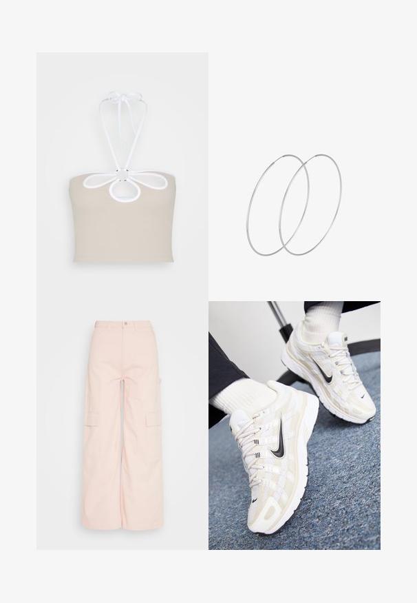 Even&Odd by Zalando Top - taupe; Weekday SIENNA TROUSER - Cargohose - pink dusty light; Weiße und beige Nike-Sneaker mit einem Obermaterial aus Mesh, strukturiertem Overlay, schwarzem Swoosh und einer gepolsterten Sohle mit rutschfester Außensohle.; Silberne Creolen mit minimalistischem Design. Rundform, glatte Oberfläche und dünnes Profil. Leichtgewichtig mit hochglänzender Oberfläche.