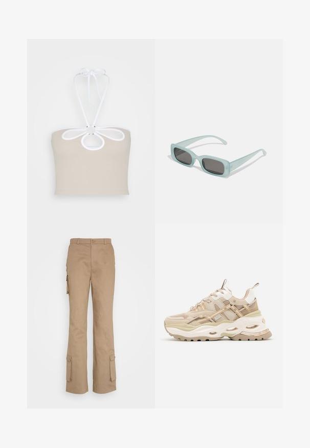 Even&Odd Top - taupe; Nicki Studios STRAIGHT POCKET PANTS - Cargobukser - kahve; Beige og hvide chunky sneakers med tyk sål, mesh- og læderpaneler, ovale udskæringer i mellemsålen, trækstropper på tunge og hæl.; Et par rektangulære solbriller med lyseblå gennemsigtige stel og mørkegrå linser, der har lige templer og minimale hardware detaljer.