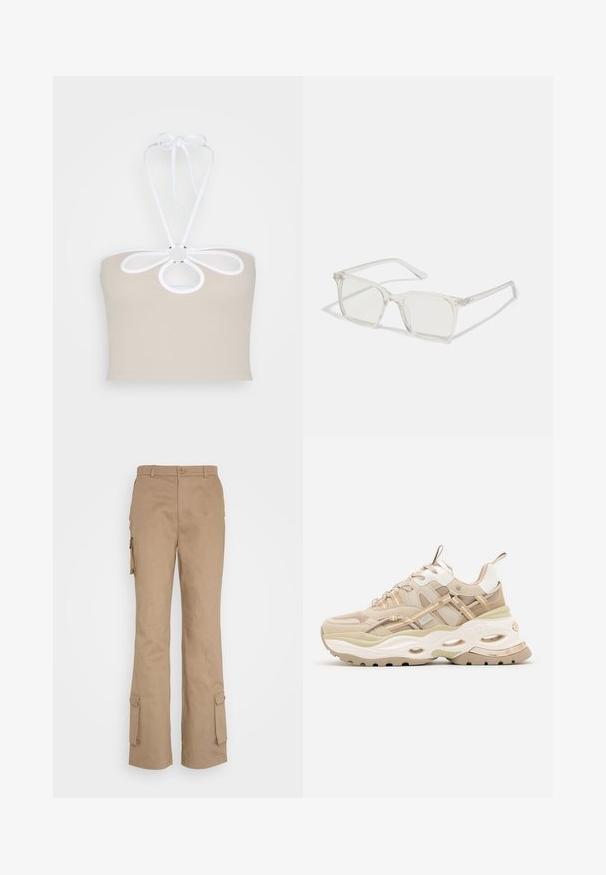 Even&Odd by Zalando Top - taupe; Nicki Studios STRAIGHT POCKET PANTS - Cargobukser - kahve; Beige og hvide chunky sneakers med tyk sål, mesh- og læderpaneler, ovale udskæringer i mellemsålen, trækstropper på tunge og hæl.; Klare plastiske briller med firkantet ramme og gennemsigtige linser, der har guld accenter på tempelstængerne for ekstra detaljer.