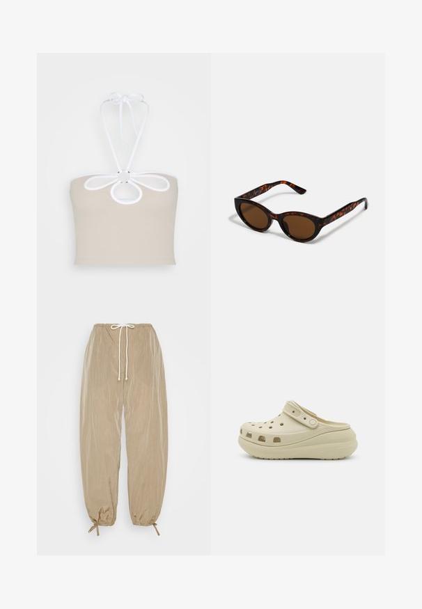 Even&Odd by Zalando Top - taupe; Weekday ALISTAR PARACHUTE TROUSER - Pantalones - mole; Zueco beige sin cordones con parte superior perforada, correa ajustable y suela gruesa acolchada diseñada para comodidad casual.; Gafas de sol de carey marrón con una forma vintage de ojo de gato y lentes marrones. Presentan brazos curvados con acentos rojos.