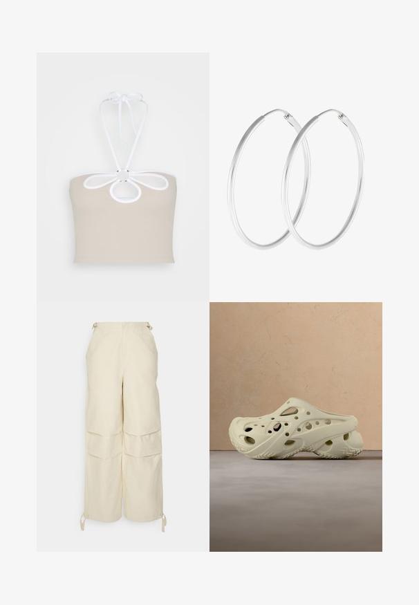 Even&Odd by Zalando Débardeur - taupe; WRSTBHVR ZERA PANTS EGGSHELL WOMEN - Pantalon classique - off white; Paire de sabots crème à enfiler avec plusieurs trous d'aération, posée sur un tapis beige près d'un canapé marron clair.; Boucles d'oreilles en argent, de forme ronde lisse et finition polie. Les deux boucles d'oreilles sont de la même taille et disposent d'un mécanisme de fermeture sécurisé.