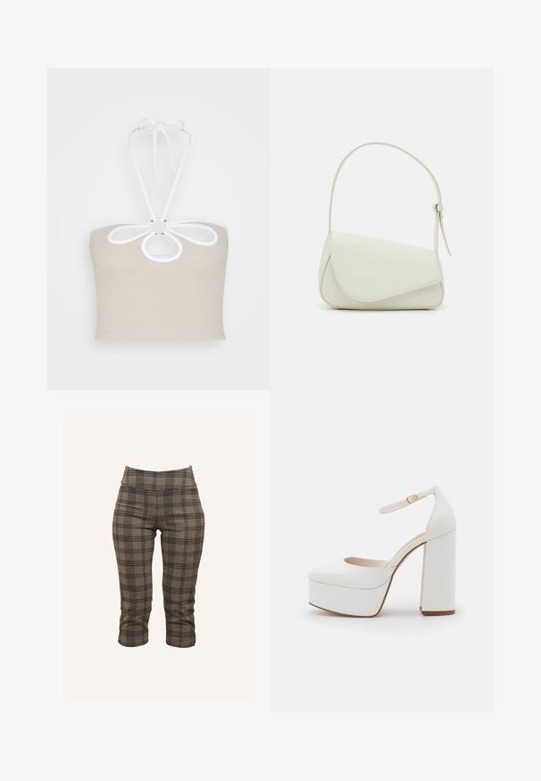 Even&Odd Top - taupe; Pantalones cortos de cuadros grises con una cintura elástica, corte ajustado y tejido texturizado con acentos en negro y gris más claro.; Zapatos de plataforma blancos con un tacón grueso, correa para el tobillo, puntera redondeada y textura suave. Diseño minimalista con líneas limpias.; Bolso de mano de imitación cuero blanco con una forma triangular estructurada, correa ajustable única y cierre con solapa acentuada en curva.