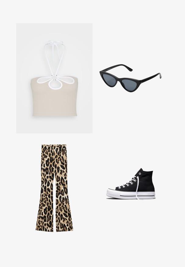 Even&Odd by Zalando Top - taupe; Rozšírené nohavice s leopardím vzorom v čiernych a hnedých odtieňoch, rebrovanou textúrou a vysokým pásom.; Čierna vysoká plátenná teniska s bielou gumovou podrážkou a bielymi šnúrkami, zobrazená zboku na bielom pozadí.; Čierne slnečné okuliare v štýle mačacích očí s tmavošedými sklami, elegantným plastovým rámom, špicatými rohmi a rovnými stranami. Bez viditeľného hardvéru alebo akcentov.