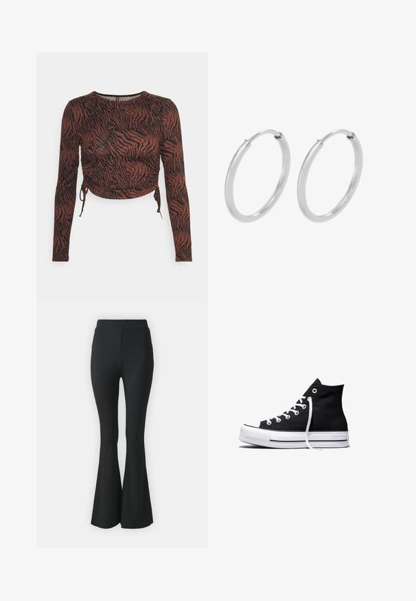 Pieces Petite PCNALA CROP - Top s dlhým rukávom - chicory coffee/black; Čierne rozšírené nohavice vyrobené z elastického materiálu. S vysokým pásom a hladkým, priliehavým strihom, ktorý sa rozširuje od kolena nadol.; Čierna vysoká plátenná teniska s bielou gumovou podrážkou a bielymi šnúrkami, zobrazená zboku na bielom pozadí.; Strieborné kruhové náušnice, oblého tvaru, hladký lesklý povrch a rovnomerná šírka po celom obvode. Minimalistický dizajn bez ďalších akcentov.