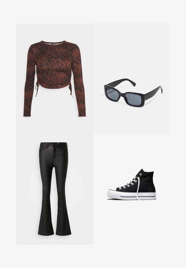 Pieces Petite PCNALA CROP - Longsleeve - chicory coffee/black; Zwarte flared jeans gemaakt van een glanzende, soepele stof. Heeft een hoge taille, voorzakken en een rits met een knoopsluiting.; Zwarte hooggesloten canvas sneaker met witte rubberen zool en witte veters, zijwaarts weergegeven op een witte achtergrond.; Zwarte rechthoekige zonnebril met donkere getinte lenzen, een dik plastic montuur en brede scharnieren. Glad oppervlak en hoekig ontwerp.