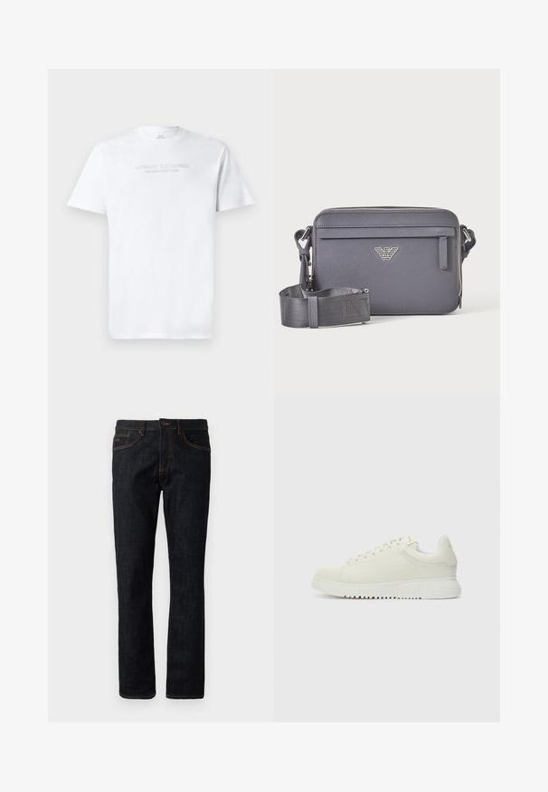 Camiseta blanca de algodón con cuello redondo, mangas cortas y logo en relieve "ARMANI EXCHANGE MILANO/NEW YORK" en la parte frontal.; Jeans ajustados de color azul oscuro con costuras naranjas, cierre de botón y diseño de cinco bolsillos, exhibidos planos sobre un fondo blanco.; Zapatilla blanca de cuero con parte superior texturizada, punta redondeada, suela blanca plana y cordones tonales. Marca sutil en la lengüeta.; Bolso bandolera rectangular gris oscuro con correa ajustable, bolsillo frontal con cremallera y emblema de logo plateado.