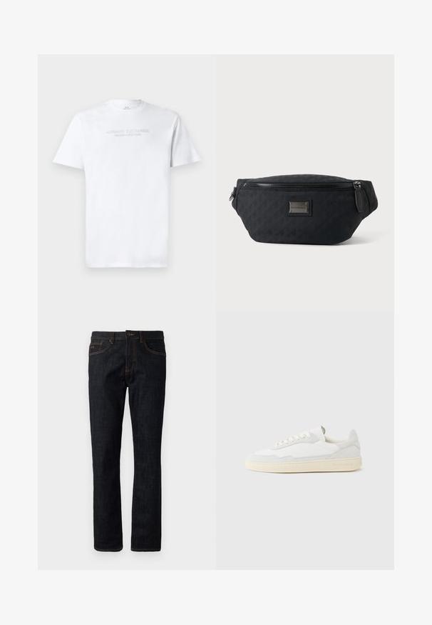 Weißes Baumwoll-T-Shirt mit Rundhalsausschnitt, kurzen Ärmeln und geprägt "ARMANI EXCHANGE MILANO/NEW YORK" Logo auf der Vorderseite.; Dunkelblaue Slim-Fit-Jeans mit orangefarbenen Nähten, Knopfverschluss und Fünf-Taschen-Design, flach gegen einen weißen Hintergrund präsentiert.; Weißer Sneaker mit strukturiertem Obermaterial aus Wildleder und Leder. Verfügt über eine runde Zehenpartie, Schnürverschluss und eine kontrastierende beige Gummisohle.; Schwarze Stoff-Gürteltasche mit vorderem Reißverschluss und kleinem Metall-Logoschild in der Mitte, vor einem schlichten Hintergrund präsentiert.