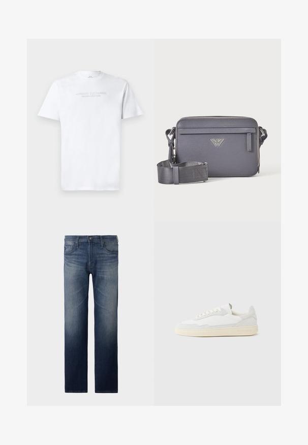Valge puuvillane T-särk, millel on ümmargune kaelus, lühikesed varrukad ning esiküljel reljeefne "ARMANI EXCHANGE MILANO/NEW YORK" logo.; Tumedatest sinised sirged teksad. Omavad viit taskut, lukuga esiosa ja nupuga kinnitust. Kergelt kulunud tekstuur reieosas. Denimitooted.; Valge tennisejalanõu, mille ülemine osa on valmistatud tekstuurse seemisnahast ja nahast. Omab ümarat ninaosa, paeltega sulgurit ja kontrastset beeži kummist tallaga.; Tumehall ristkülikukujuline õlakott reguleeritava rihmaga, esiküljel luku tasku ja hõbedane logoga embleem.