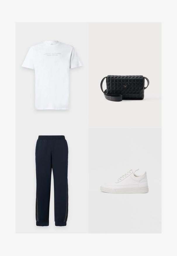 Weißes Baumwoll-T-Shirt mit Rundhalsausschnitt, kurzen Ärmeln und geprägt "ARMANI EXCHANGE MILANO/NEW YORK" Logo auf der Vorderseite.; Navy Sweatpants mit weichem Material, schmal zulaufenden Bündchen und Netzseiteneinsätzen. Elastischer Bund für Komfort und legere Passform.; Weißer Ledersneaker mit abgerundetem Zehenbereich, flacher Sohle und Schnürverschluss. Verfügt über Nahtdetails und einen gepolsterten Kragen für zusätzlichen Komfort.; Schwarze, strukturierte Umhängetasche mit Klappverschluss und kleinem Metalllogo auf der Vorderseite, vor einem schlichten Hintergrund präsentiert.