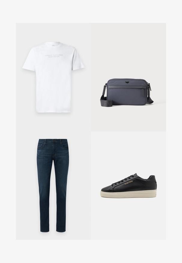 Witte katoenen t-shirt met een ronde hals, korte mouwen en een reliëflogo "ARMANI EXCHANGE MILANO/NEW YORK" op de voorkant.; Donkerblauwe slim-fit jeans met vijf zakken, sluiting met een knoop aan de voorkant en ritssluiting, tentoongesteld tegen een witte achtergrond.; Zwarte leren sneaker met een gladde afwerking, contrasterende crèmekleurige zool, ronde neus, gouden logo aan de zijkant en zes gaatjes voor veters.; Grijze rechthoekige crossbodytas met voorvak met rits, verstelbare schouderriem en klein zwart logo aan de voorkant in het midden.