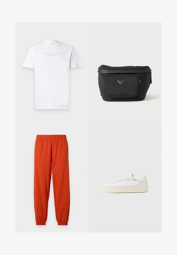 Witte katoenen t-shirt met een ronde hals, korte mouwen en een reliëflogo "ARMANI EXCHANGE MILANO/NEW YORK" op de voorkant.; Oranje sweatpants met een elastische tailleband en boorden. Beschikt over een bedrukte logo aan de zijkant. Gemaakt van een zachte, gestructureerde stof.; Witte sneaker met een bovenwerk van gestructureerd suède en leer. Voorzien van een afgeronde neus, vetersluiting en een contrasterende beige rubberen zool.; Zwarte heuptas met voorvak met rits en zilveren adelaarlogo, gladde stof met gestructureerde afwerking en ritstrekker.