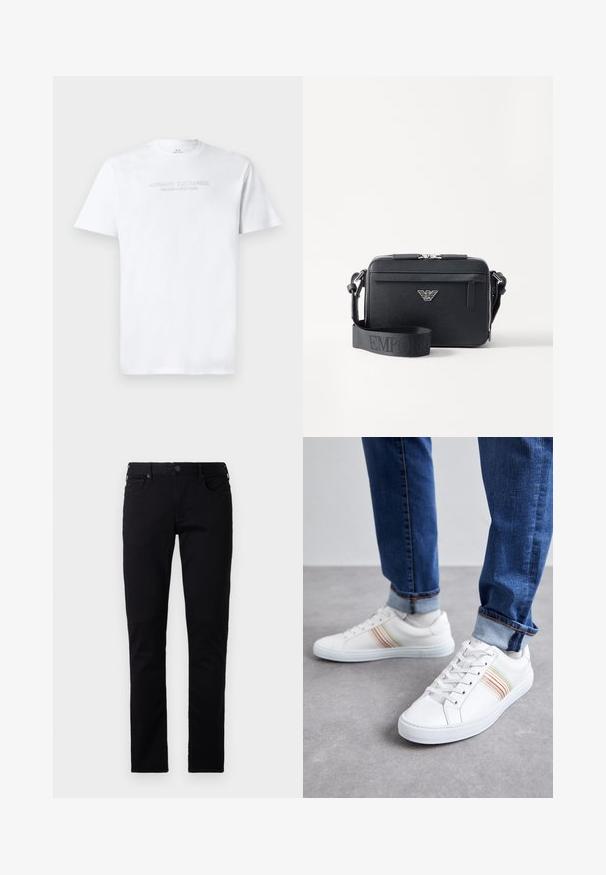 Λευκό βαμβακερό t-shirt με στρογγυλή λαιμόκοψη, κοντά μανίκια και ανάγλυφο λογότυπο "ARMANI EXCHANGE MILANO/NEW YORK" στο μπροστινό μέρος.; Emporio Armani POCKETS PANT - Slim fit jeans - black denim; Λευκά δερμάτινα sneakers με πολύχρωμες ρίγες, σχέδιο με κορδόνια, καουτσούκ σόλα και επενδυμένος γιακάς, συνδυασμένα με μπλε τζιν παντελόνι.; Μαύρη τσάντα φάκελος από υλικό με υφή. Διαθέτει κλείσιμο με φερμουάρ, μπροστινή τσέπη με φερμουάρ και μεταλλικό λογότυπο. Περιλαμβάνει ρυθμιζόμενο ιμάντα.