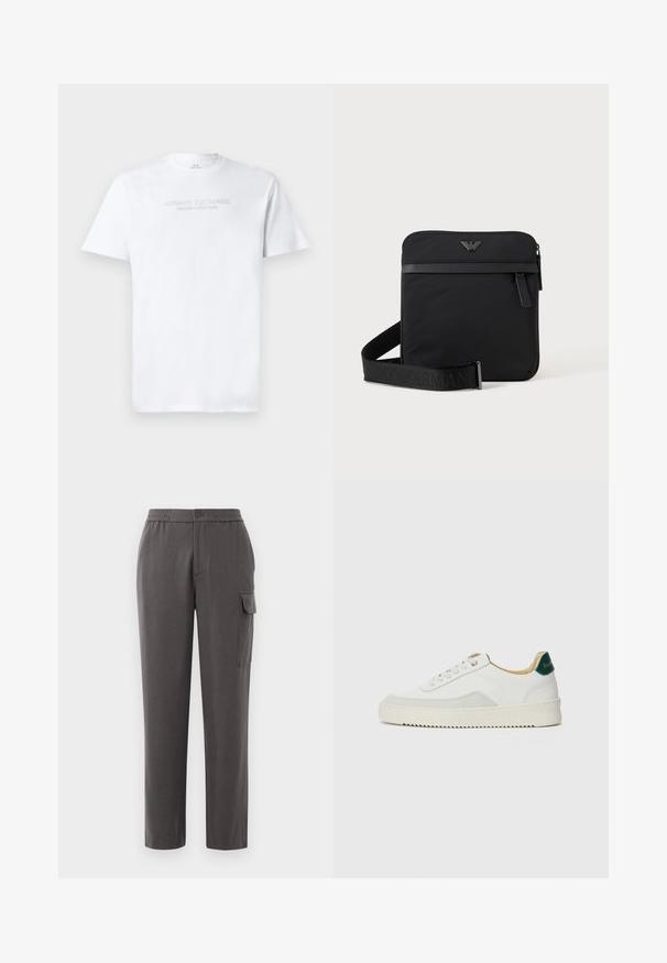 T-shirt en coton blanc avec col rond, manches courtes et logo en relief "ARMANI EXCHANGE MILANO/NEW YORK" sur le devant.; Pantalon gris à coupe décontractée, fabriqué à partir d'un tissu lisse. Comprend une fermeture à bouton, des poches latérales et une poche cargo sur la jambe.; Baskets blanches avec des accents en daim, bout arrondi, lacets plats et semelle en caoutchouc crème. Présente une marque verte sur le talon.; Sac bandoulière carré noir avec fermeture éclair, poche avant et sangle réglable avec nom de marque embossé.