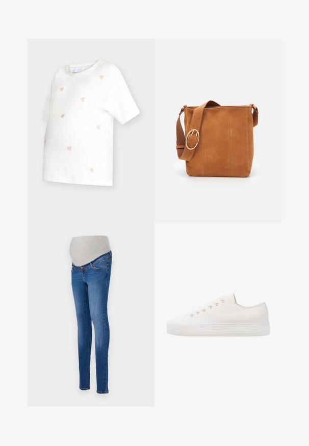 Top blanco de maternidad de manga corta con bordado disperso de pequeñas rosas rosas en el frente y la espalda.; Jeans de maternidad en denim azul con un corte ajustado. Cuenta con un panel de estiramiento gris para mayor comodidad. Diseño clásico de cinco bolsillos con un ligero desvanecimiento.; Zapatilla de lona blanca con punta redonda, seis ojales para los cordones, suela de goma texturizada y detalles de costura sutil a lo largo de los lados.; Bolso de ante color camel con forma rectangular y plana, que cuenta con una amplia correa de cuero y una gran hebilla de metal circular.