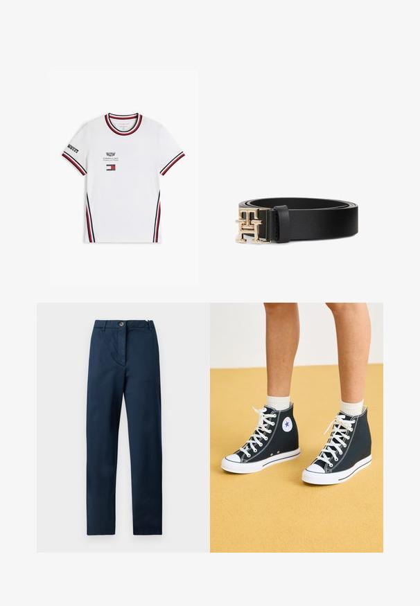 Hvid t-shirt med korte ærmer med rød, sort og hvid stribet krave og manchetter, Cadillac Formula 1 og Tommy Hilfiger logoer foran.; Marineblå bomuldsbukser med flad front, lynlås- og knaplukning, sidelommer og lige ben. Glat tekstur uden mønstre.; Høje sneakers i mørkeblåt kanvas med hvide gummisåler, snørebånd og detaljer. Har et rundt logo og hvide syninger.; Sort læderbælte med spænde i guldmetal formet som bogstavet H, sammenrullet på en hvid baggrund.