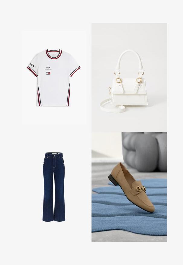 Hvid t-shirt med korte ærmer med rød, sort og hvid stribet krave og manchetter, Cadillac Formula 1 og Tommy Hilfiger logoer foran.; Mørkeblå bredbenede jeans med høj talje, der har knapdetaljer på siderne og en glat denimtekstur.; Lysebrun loafers i ruskind med guldkædedetalje vist på en tekstureret blå tæppe i en moderne indretning.; Hvid faux læder håndtaske med en struktureret design, gyldne hardware detaljer, dobbelte top håndtag og en justerbar skulderrem.