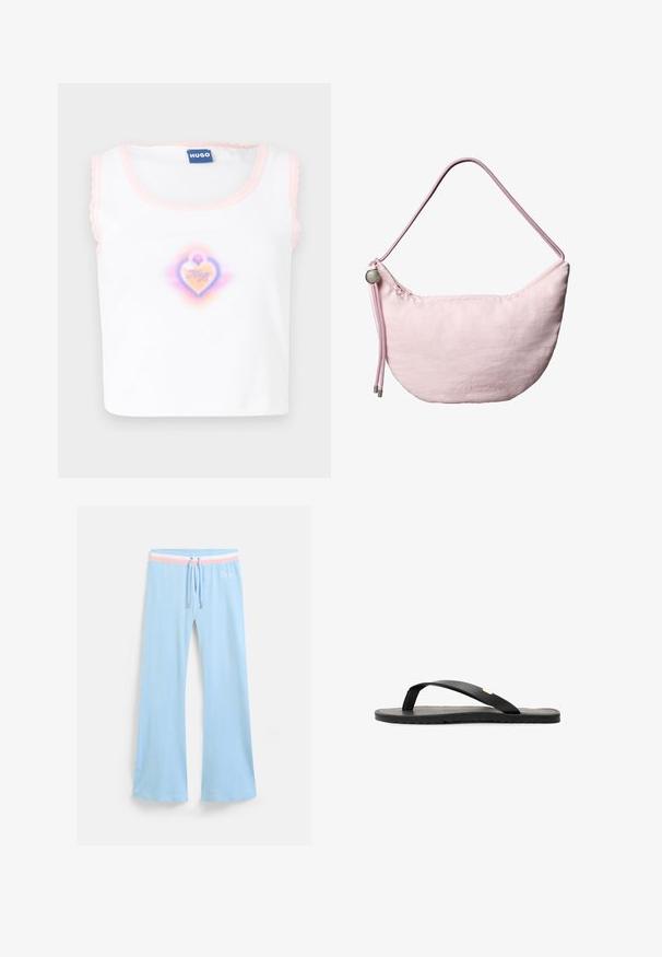 Hvid ærmeløs top med pink bølgekant, med et centreret hjertegrafik i pastelfarver med "Hugo" tekst indeni.; Lyseblå, flagrende sweatpants med snor i taljen. Har en pink og hvid stribet accent samt broderet logo. Blød stoftekstur.; Sort flip-flop sandal med flad sål, tekstureret sort indersål, glatte stropper og en lille gul accent nær tåposten.; Blød lyserød skuldertaske i halvmåneform med justerbar snorrem, metalstopper og diskret præget "cK" logo midt foran.