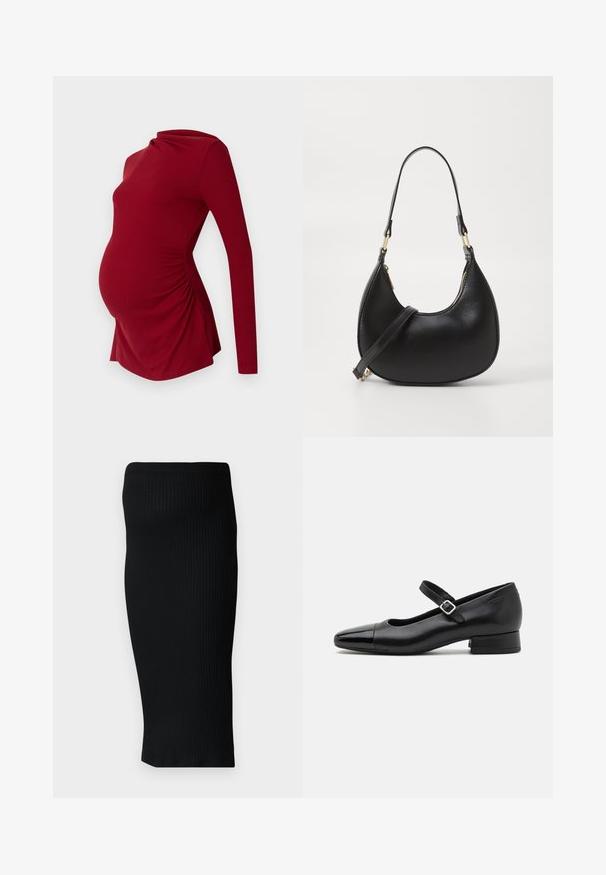 Top de maternidad rojo de manga larga con textura acanalada, que presenta un escote drapeado y fruncido lateral para acomodar una barriga en crecimiento.; Falda midi de punto negro acanalado con una silueta ajustada y un cinturón ancho. Textura suave, sin patrones ni acentos visibles.; Zapatos Mary Jane de cuero negro con puntera de charol, correa de tobillo ajustable y tacón bajo. Textura suave y diseño elegante.; Bolso de mano de cuero negro con forma curva, que cuenta con un cierre superior con cremallera, un asa corta y una correa para el hombro desmontable. Accesorios en dorado.