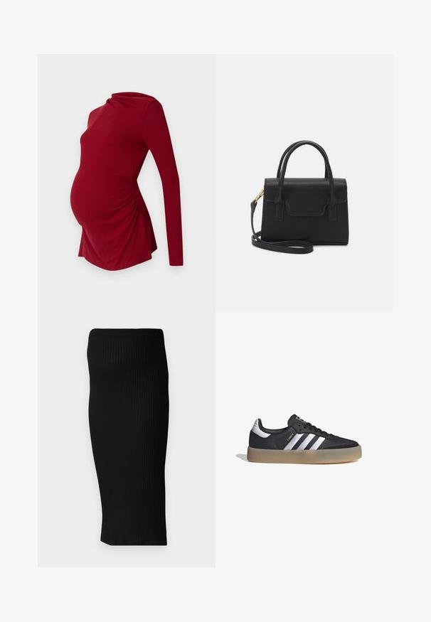 Top de maternidad rojo de manga larga con textura acanalada, que presenta un escote drapeado y fruncido lateral para acomodar una barriga en crecimiento.; Falda midi de punto negro acanalado con una silueta ajustada y un cinturón ancho. Textura suave, sin patrones ni acentos visibles.; Zapatilla deportiva de cuero negro con tres rayas plateadas, punta texturizada y suela de goma. Cuenta con un collar acolchado y un diseño con cordones.; Bolso estructurado negro de cuero con un asa superior, correa de hombro desmontable y un detalle de tapa en la parte frontal. Acentos en dorado.