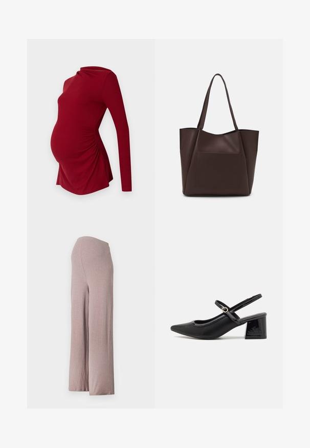 Top de maternidad rojo de manga larga con textura acanalada, que presenta un escote drapeado y fruncido lateral para acomodar una barriga en crecimiento.; Pantalones de pierna ancha de color rosa claro, acanalados, con una cinturilla sin costuras, que presentan un tejido suave y texturizado y una silueta relajada.; Tacones slingback de charol negro con punta afilada, un diseño de corte redondeado y tacón bloque. Incluye un detalle de hebilla en tono dorado.; Bolso tote marrón hecho de material suave, con un gran bolsillo frontal, dos asas y un diseño simplificado y estructurado.