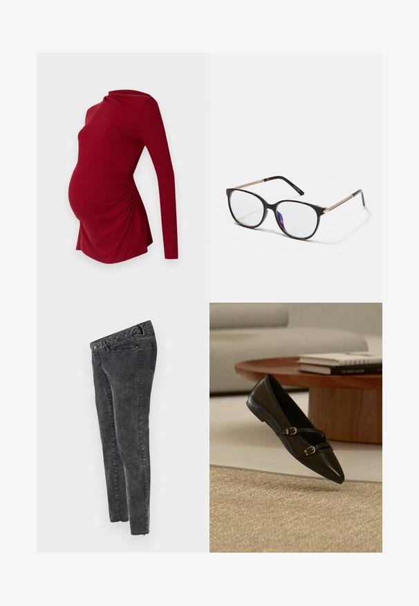 Top de maternidad rojo de manga larga con textura acanalada, que presenta un escote drapeado y fruncido lateral para acomodar una barriga en crecimiento.; MAMALICIOUS Slim fit Mid waist Raw hems - Vaqueros slim fit - grey denim; Zapato plano negro con puntera puntiaguda y dos delgadas correas con hebillas flotando sobre una alfombra beige, con una mesa de café de madera y libros al fondo.; Gafas de sol de carey marrón con lentes ovalados, acento en tono dorado en las patillas y detalles metálicos decorativos en las varillas.