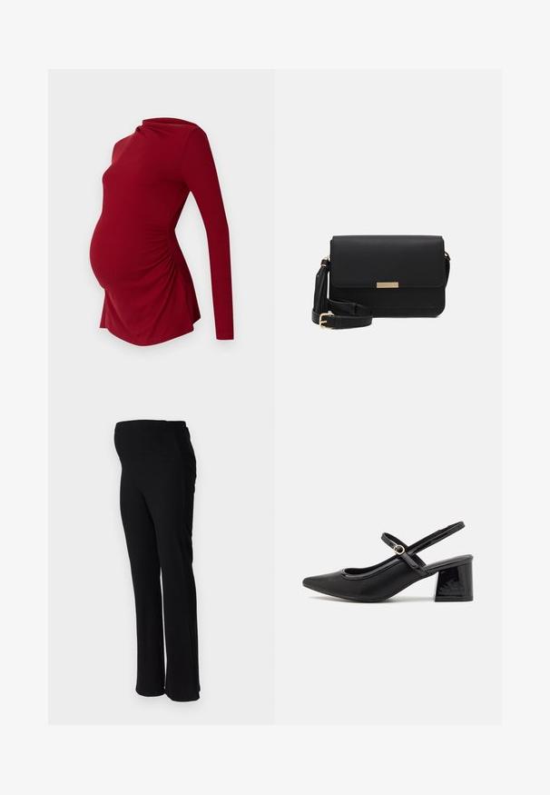 Lange mouw rode zwangerschapsblouse van ribbelstof, met een gedrapeerde halslijn en zijrimpeling om een groeiende buik te accommoderen.; ONLY MATERNITY OLMHALLE - Broek - black; Zwarte gepolijste leren slingback hakken met een spitse neus, een ronde uitsnede en een blokhak. Voorzien van een gouden gespaccent.; Zwarte leren schoudertas met een flap sluiting, gouden hardware accenten, verstelbare schouderriem en gestructureerd oppervlak. Compakte rechthoekige vorm.