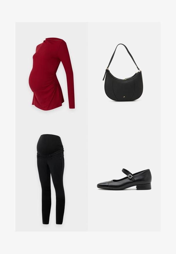 Langærmet rød graviditetstop i ribbet tekstur, med en draperet halsudskæring og sidelæggede detaljer for at rumme en voksende mave.; Sorte graviditetsjeans med en strækbar over-bump talje, slim fit og frontlommer med en glat tekstur.; Sorte læder Mary Jane-sko med en patenttå, justerbar ankelrem og lav blokhæl. Glat tekstur og strømlinet design.; Sort læderhåndtaske med en buet form, struktureret overflade, forreste syninger og et logo i guldfarve. Har en enkelt justerbar rem.