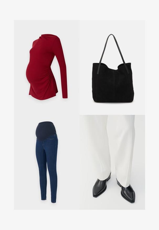 Langærmet rød graviditetstop i ribbet tekstur, med en draperet halsudskæring og sidelæggede detaljer for at rumme en voksende mave.; Graviditetsjeans i mørkeblå denim, med en strækbar mørk talje og en tætsiddende pasform med lommer.; Sorte spidse ankelstøvler med en glat læderoverflade, lave blokhæle, og parret med hvide brede bukser. Enkel og moderne design.; Sort ruskinds totemed med to lange, flade læderremme. Har en buet topkant og synlige stikninger langs forsiden. Ingen hardware-dekorationer.