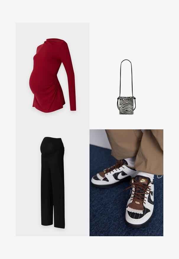 Haut de maternité à manches longues en texture côtelée, avec un décolleté drapé et un ruché sur les côtés pour s'adapter à un ventre en croissance.; Pantalons de maternité noirs à côtes avec une large ceinture élastique et une coupe large et décontractée. Le tissu est lisse avec une texture subtile.; Baskets Nike avec des matériaux blancs, noirs et bruns. Caractéristiques d'un rabat texturé en brun, d'un design rayé et de laçage traditionnel avec des accents dorés.; Sac bandoulière imprimé zèbre noir et blanc avec une texture lisse, forme rectangulaire, fines sangles noires et détails noués.